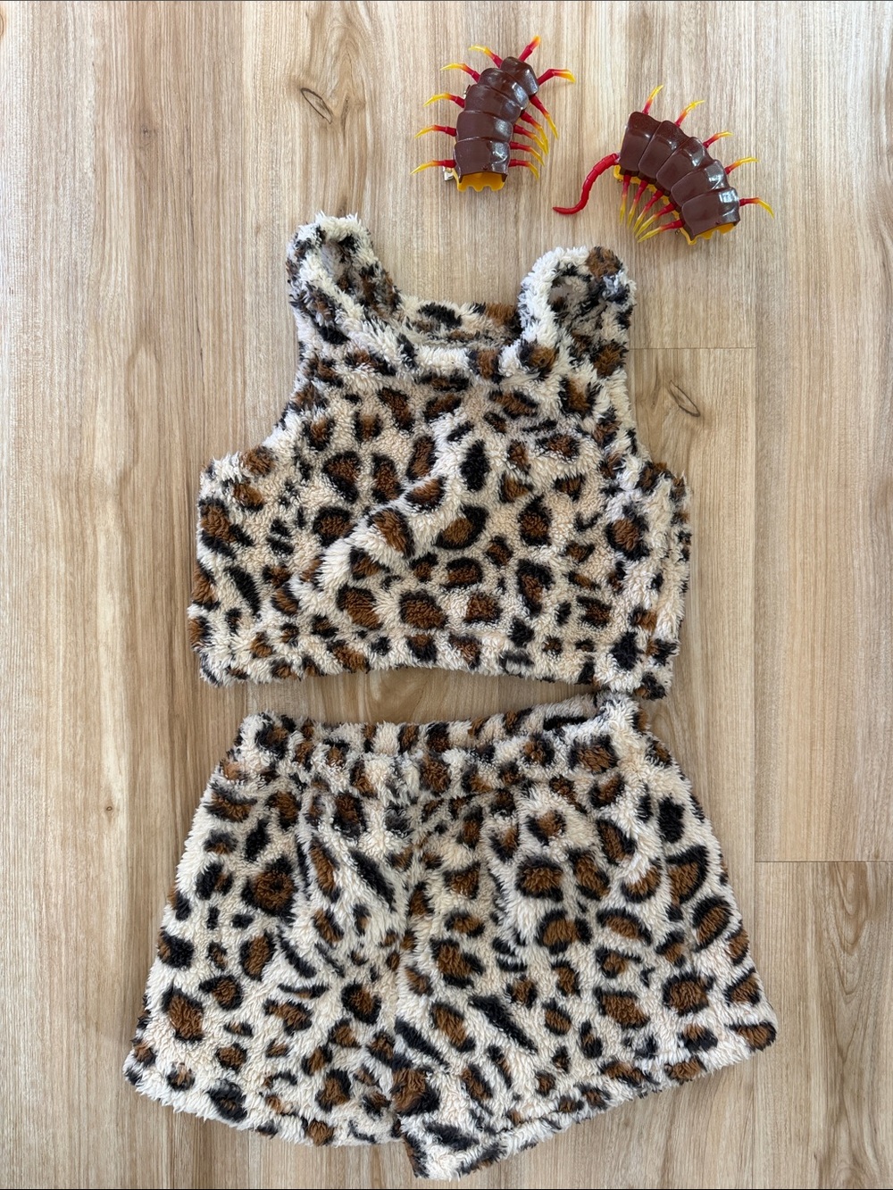 Kids Leopard Print Faux Fur tank & shorts with centipede clips- Croods costume